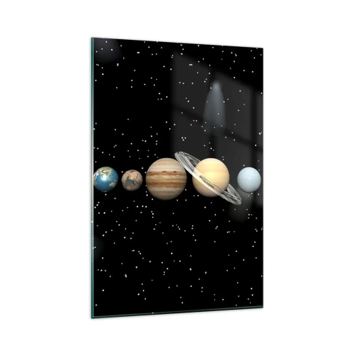 Obraz na szkle - Układ słoneczny z planetami na tle gwiazd w kosmosie - 80x120cm - A planety szaleją, szaleją… - Nowoczesna dekoracja ścienna do salonu i sypialni ARTTOR