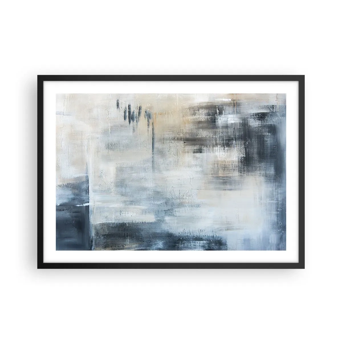 Plakat w czarnej ramie - Abstrakcyjna kompozycja w odcieniach błękitu i szarości - 70x50cm - Za zasłoną błękitu - Nowoczesna dekoracja ścienna do salonu i sypialni ARTTOR