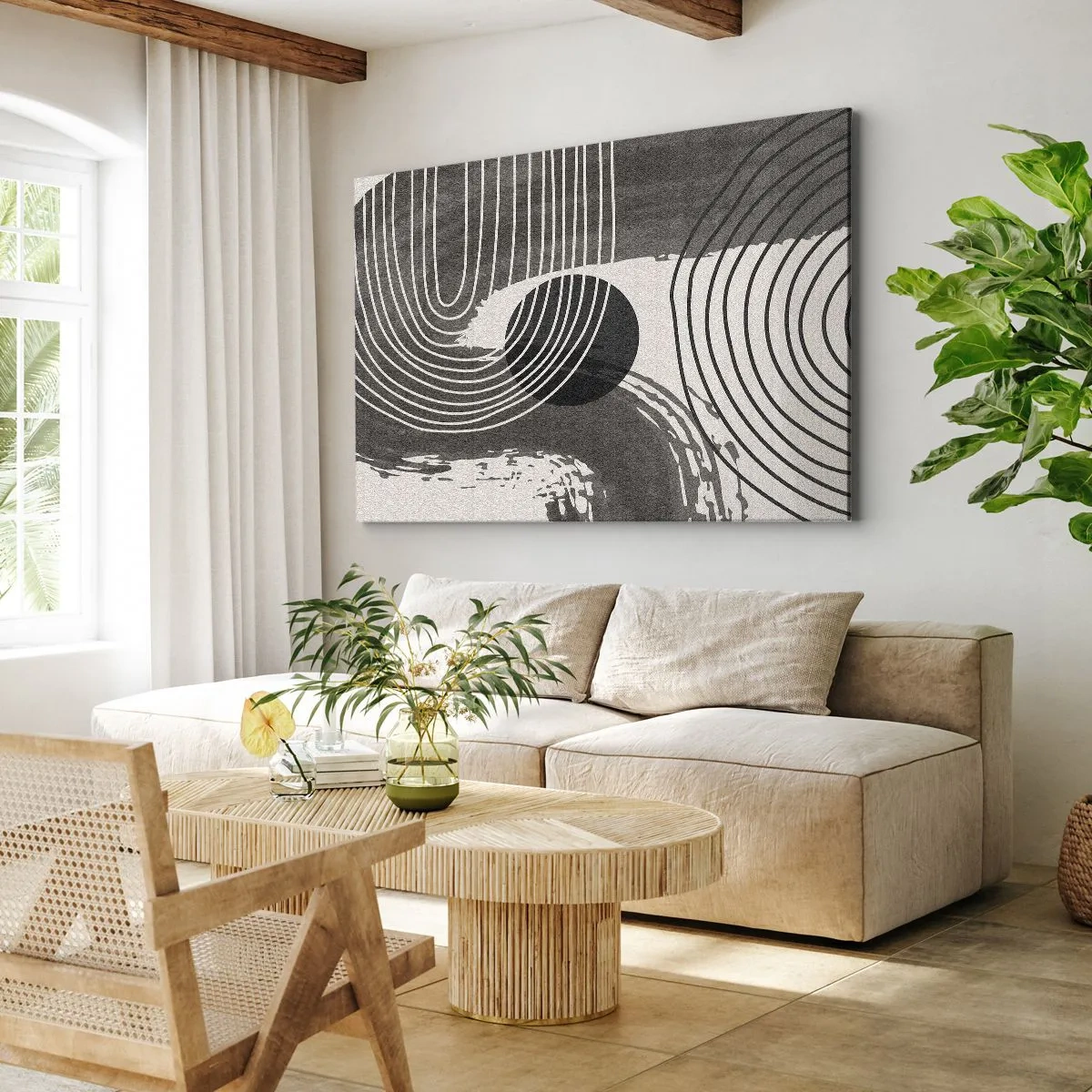 Obraz na płótnie - Geometryczne linie i owale w monochromatycznych odcieniach - 70x50cm - Owal zwycięża - Nowoczesna dekoracja ścienna do salonu i sypialni ARTTOR