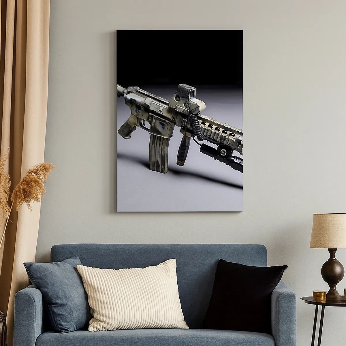 Obraz na płótnie - Taktyczna broń szturmowa w ciemnym tle - 50x70cm - Zawsze grożny - Nowoczesna dekoracja ścienna do salonu, kuchni i sypialni ARTTOR