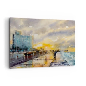 Obraz na płótnie - Malowniczy widok promenady nadmorskiej o zachodzie słońca - 100x70cm - Życie na brzegu - Nowoczesna dekoracja ścienna do salonu, kuchni i sypialni ARTTOR