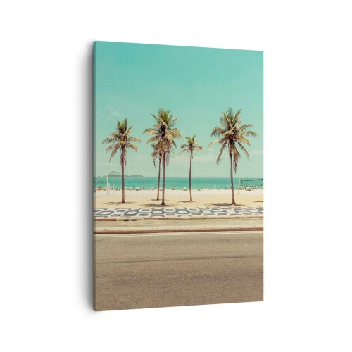 Obraz na płótnie - Tropikalna plaża z rzędami palm i turkusowym oceanem w tle - 50x70cm - Na straży plaży - Nowoczesna dekoracja ścienna do salonu, kuchni i sypialni ARTTOR