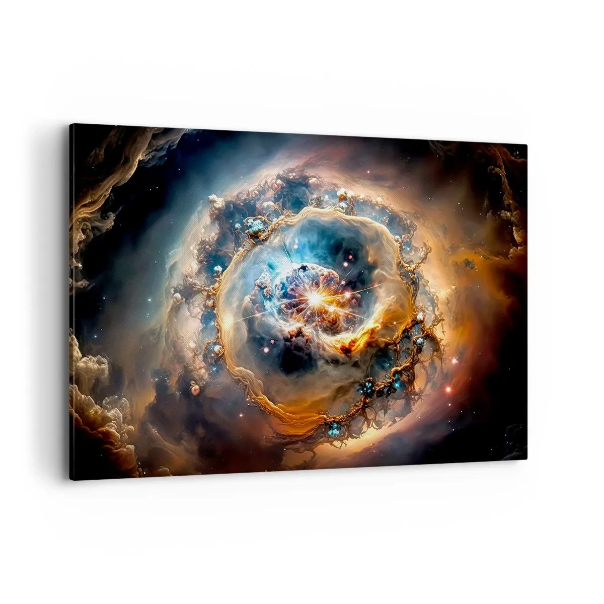 Obraz na płótnie - Abstrakcyjna wizja kosmicznej eksplozji w odcieniach złota i błękitu - 100x70cm - Początek - Nowoczesna dekoracja ścienna do salonu, kuchni i sypialni ARTTOR