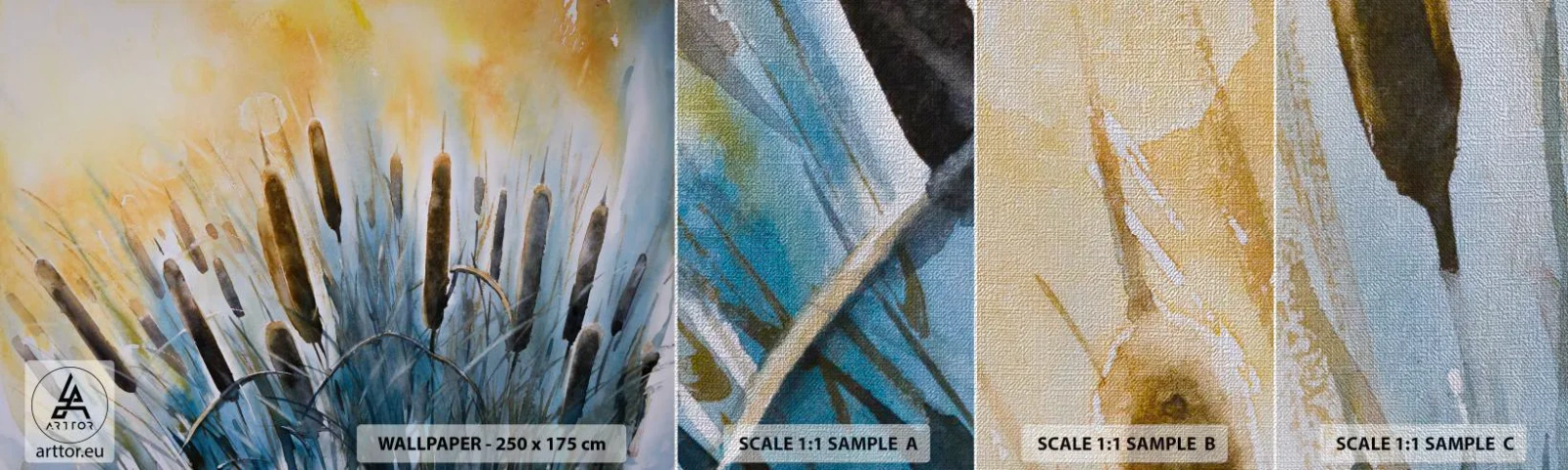 Fototapeta Próbka Premium Canvas - Chłód wody, słońca żar - Trzcina, Pejzaż, Kwiaty - 100x30 cm