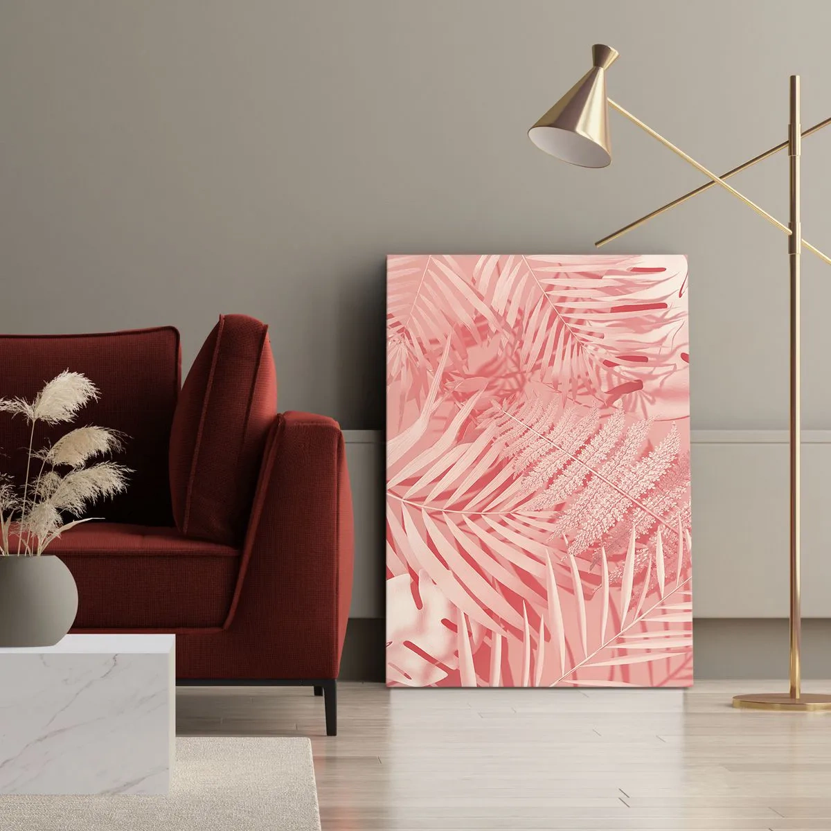 Obraz na płótnie - Różowe liście paproci i palm w stylu tropikalnym - 50x70cm - Różowy koncept - Nowoczesna dekoracja ścienna do salonu, kuchni i sypialni ARTTOR