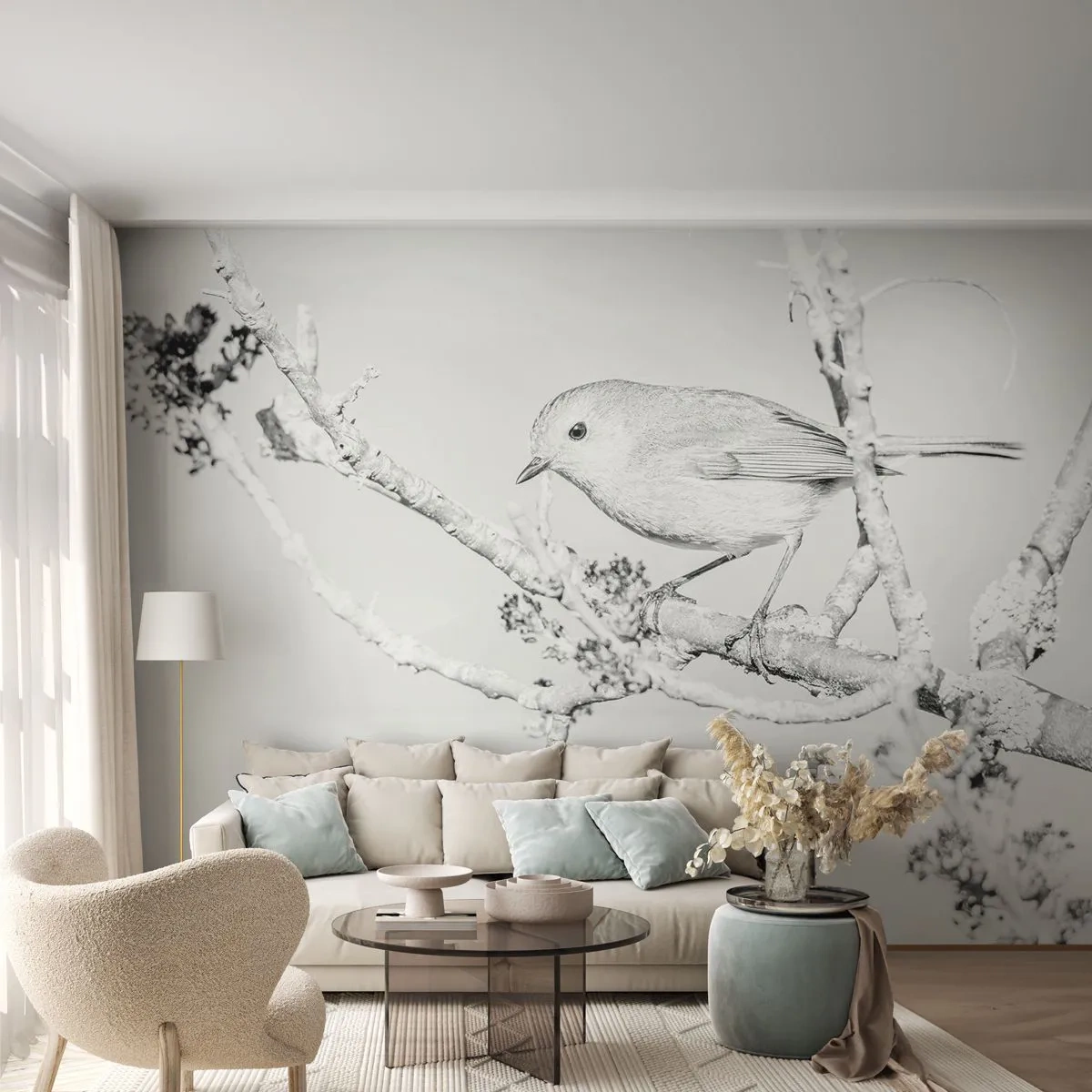 Fototapeta Premium Sand - Ptak na gałęzi w czarno-białej zimowej scenerii - 100x70cm - Zimowy poranek - Nowoczesna dekoracja ścienna do salonu, kuchni i sypialni ARTTOR
