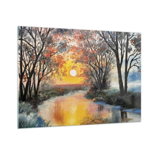 Obraz na szkle - Zachód słońca nad rzeką wśród drzew - 100x70cm - Jesienne klimaty - Nowoczesna dekoracja ścienna do salonu, kuchni i sypialni ARTTOR