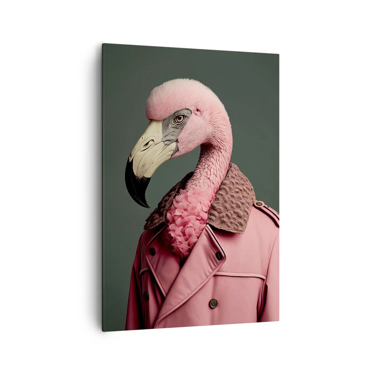Obraz na płótnie - Stylizowany flaming w różowym płaszczu na zielonym tle - 70x100cm - Prawdziwy elegant - Nowoczesna dekoracja ścienna do salonu i sypialni ARTTOR