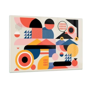 Obraz na szkle - Kolorowa abstrakcja geometryczna z kół i trójkątów - 120x80cm - Kompozycja: pobaw się - Nowoczesna dekoracja ścienna do salonu, kuchni i sypialni ARTTOR