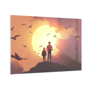 Obraz na szkle - Postacie ojca i syna stojące na tle zachodzącego słońca i fruwających ptaków - 100x70cm - Ze słońcem twarzą w twarz - Nowoczesna dekoracja ścienna do salonu, kuchni i sypialni ARTTOR