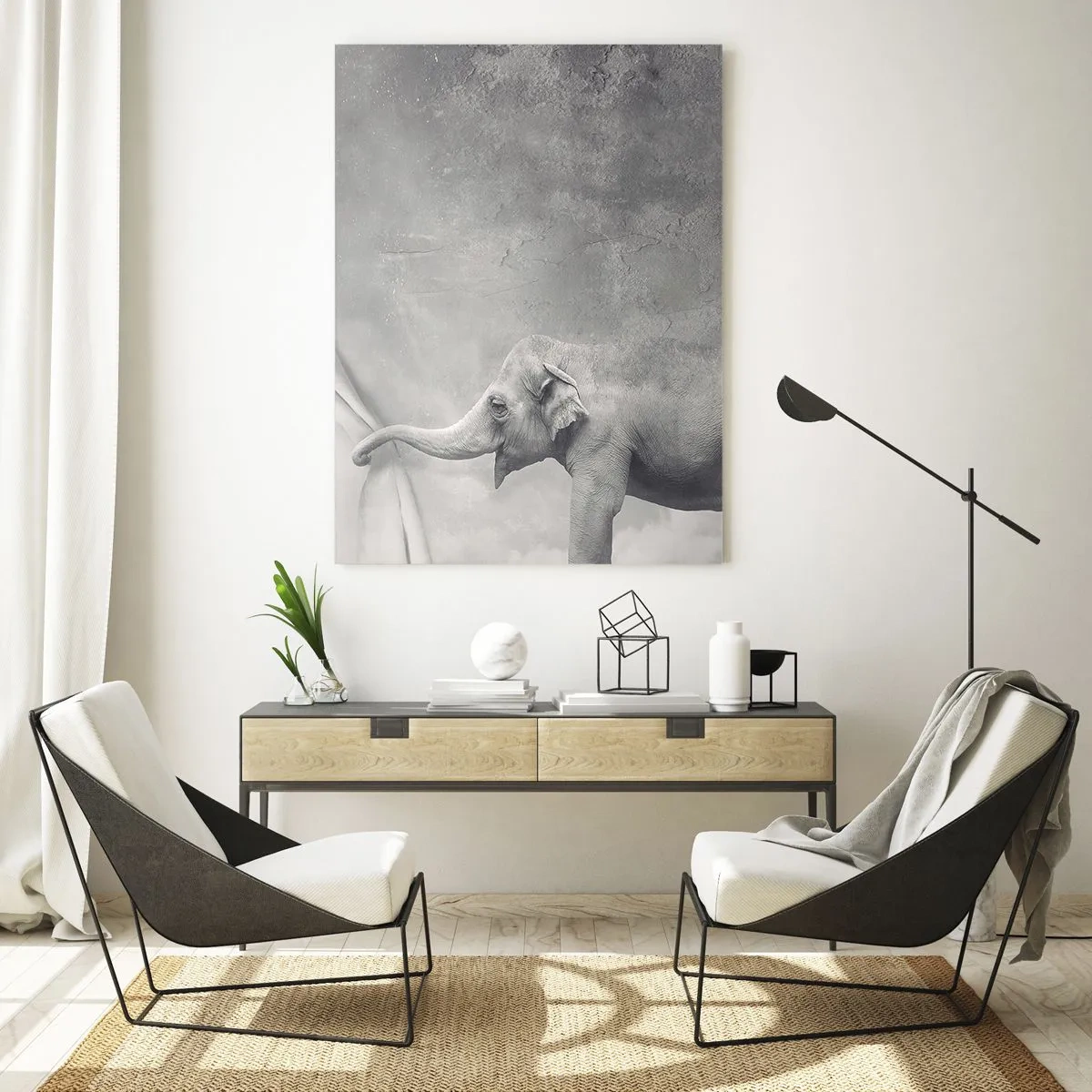 Obraz na szkle - Słoń w surrealistycznej scenerii z zasłoną - 50x70cm - Odsłonić tajemnicę - Nowoczesna dekoracja ścienna do salonu, kuchni i sypialni ARTTOR
