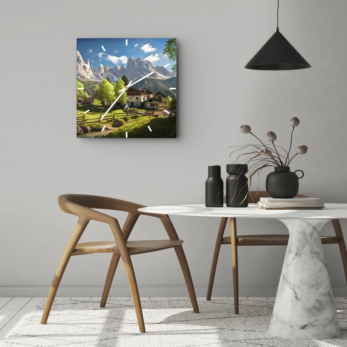 Zegar ścienny - Górska wioska z domami i widokiem na szczyty Alp - 30x30cm - Alpejska sielanka - Nowoczesna dekoracja ścienna do salonu i sypialni ARTTOR