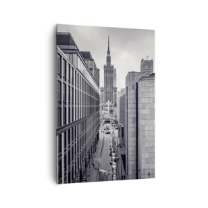 Obraz na płótnie - Panorama Warszawy z widokiem na Pałac Kultury i otaczające budynki - 70x100cm - Warszawska dolina - Nowoczesna dekoracja ścienna do salonu i sypialni ARTTOR