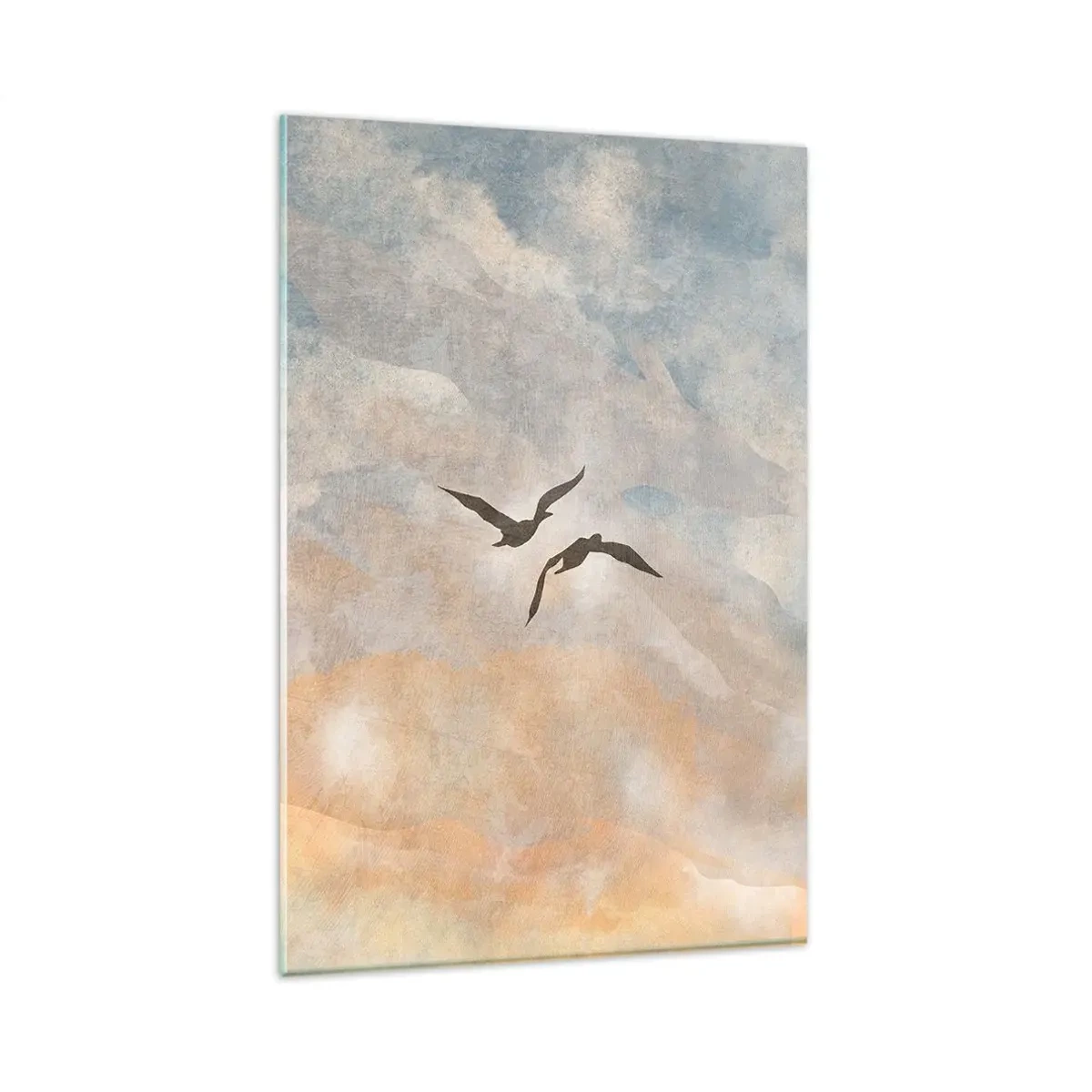Obraz na szkle - Dwa lecące ptaki na tle pastelowego nieba - 80x120cm - Podniebny taniec - Nowoczesna dekoracja ścienna do salonu i sypialni ARTTOR