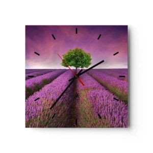 Zegar ścienny - Pole lawendy z samotnym drzewem i fioletowym niebem - 30x30cm - Na lawendowych polach - Nowoczesna dekoracja ścienna do salonu i sypialni ARTTOR