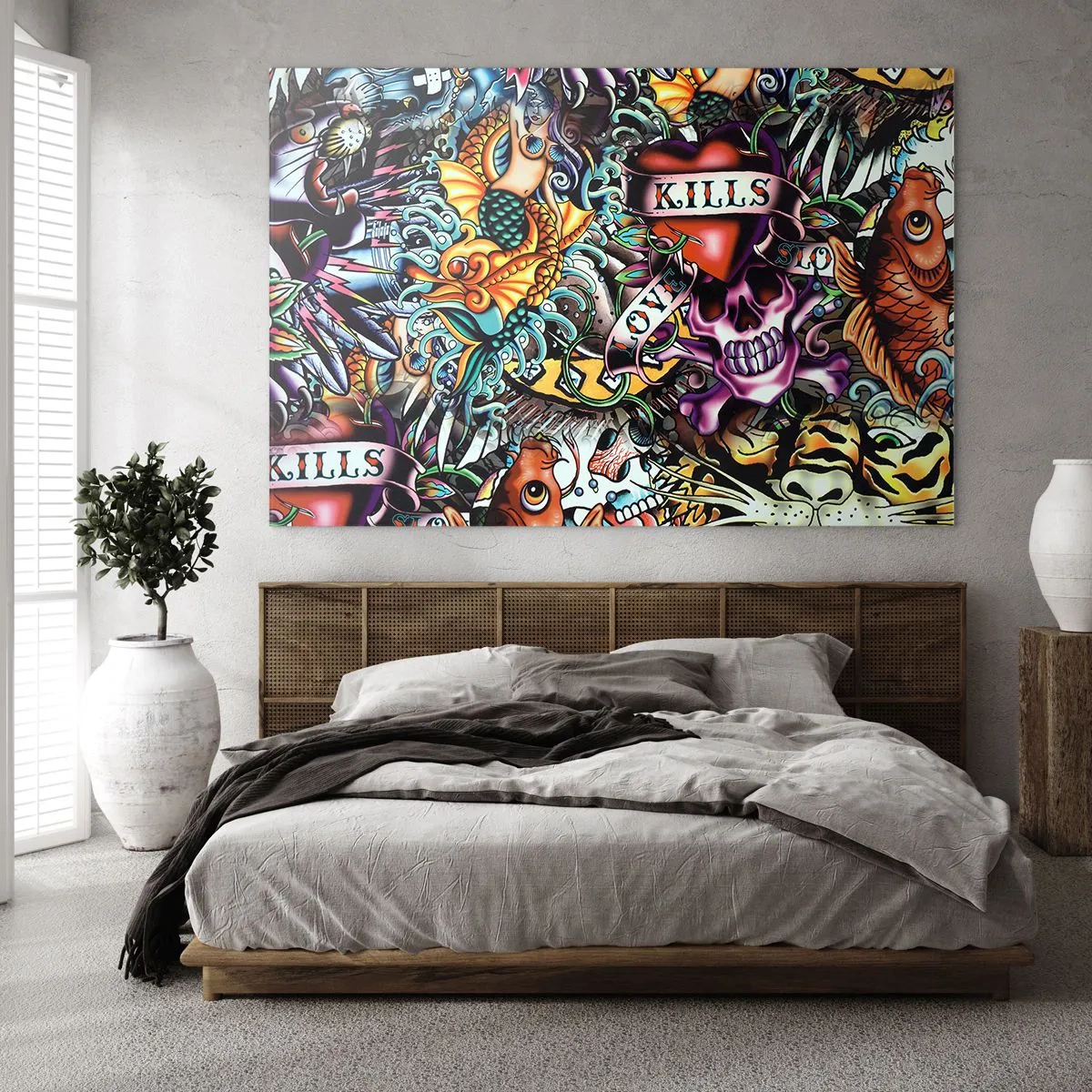 Obraz na szkle - Kolorowa kompozycja wzorów inspirowanych sztuką tatuażu - 70x50cm - Sen tatuażysty - Nowoczesna dekoracja ścienna do salonu i sypialni ARTTOR