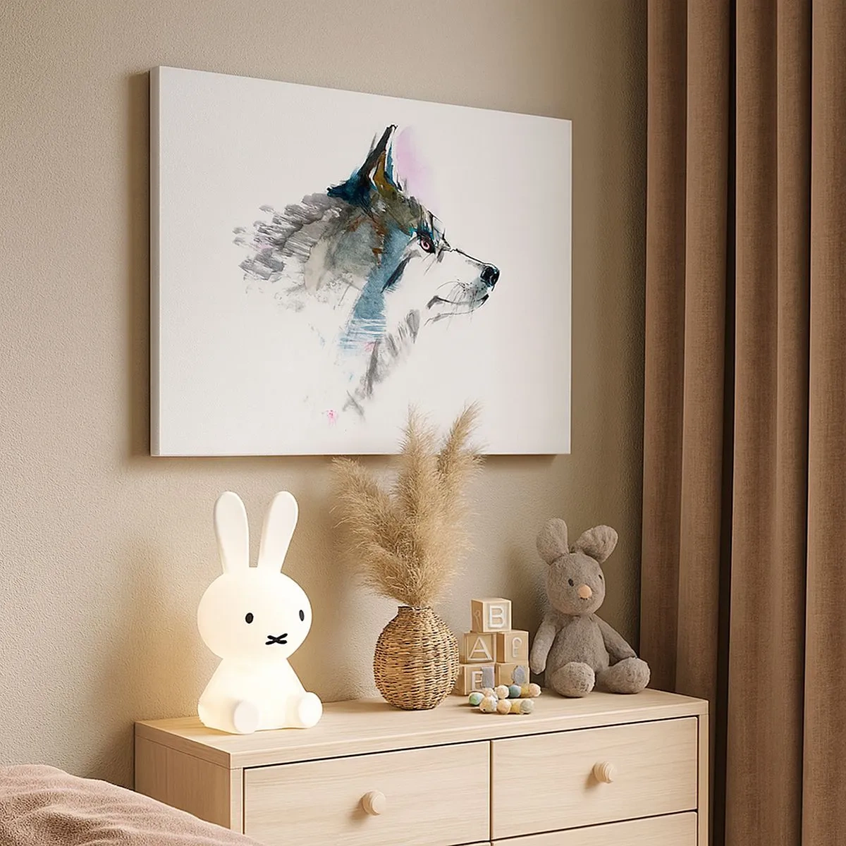 Obraz na płótnie - Akwarelowy wilk w minimalistycznym stylu - 70x50cm - O wilku mowa - Nowoczesna dekoracja ścienna do salonu i sypialni ARTTOR