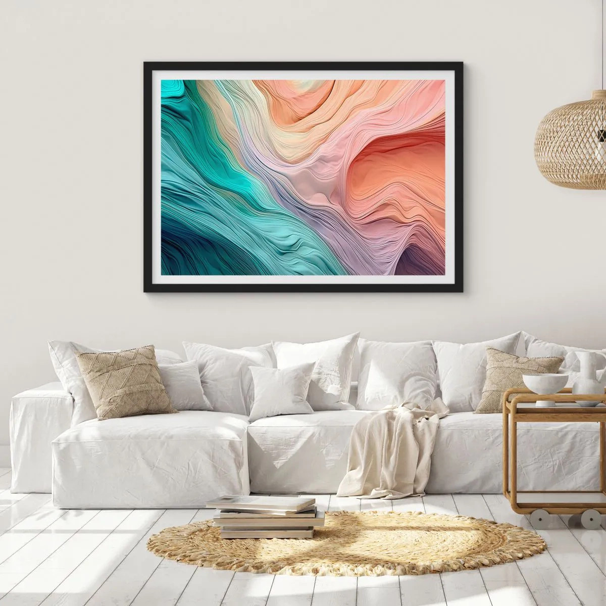 Plakat w czarnej ramie - Abstrakcyjne fale w pastelowych i tęczowych kolorach - 70x50cm - Tęczowa fala - Nowoczesna dekoracja ścienna do salonu i sypialni ARTTOR