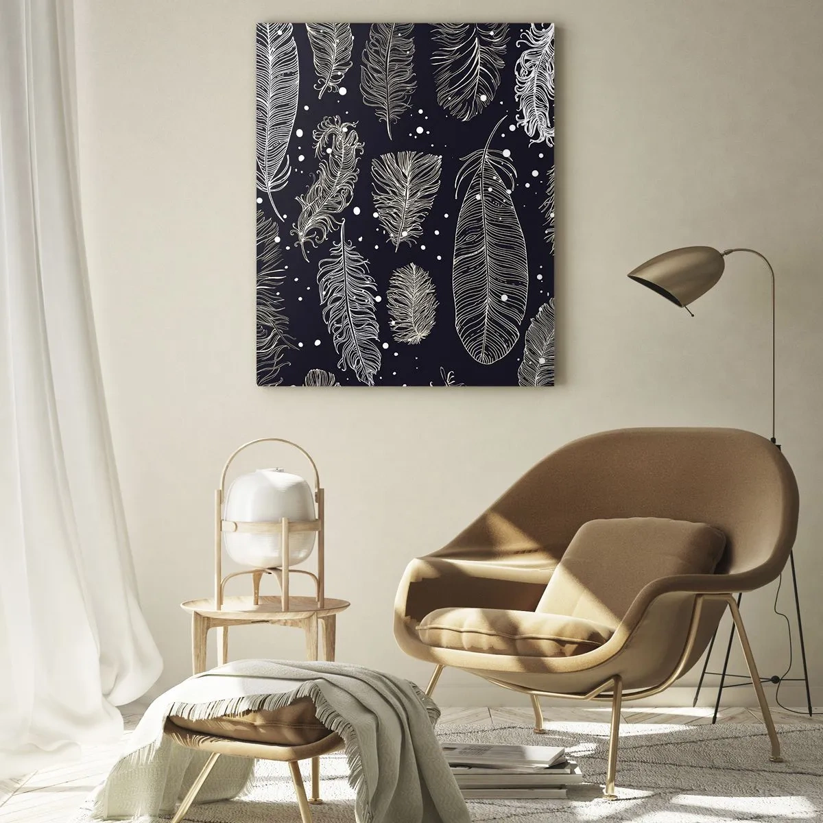Obraz na szkle - Białe pióra na czarnym tle z subtelnymi detalami - 50x70cm - Pierzasta koronka - Nowoczesna dekoracja ścienna do salonu, kuchni i sypialni ARTTOR