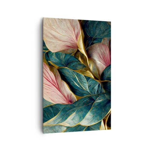 Obraz na płótnie - Eleganckie liście w zieleni, złocie i różu - 80x120cm - Naturalna elegancja i styl - Nowoczesna dekoracja ścienna do salonu i sypialni ARTTOR