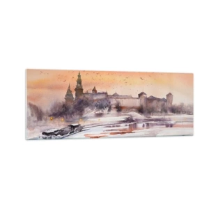 Obraz na szkle - Zachód słońca nad zamkiem w zimowej scenerii - 140x50cm - Królewski zachód słońca - Nowoczesna dekoracja ścienna do salonu i sypialni ARTTOR