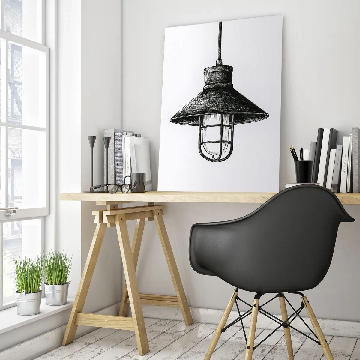 Obraz na szkle - Czarna lampa wisząca w stylu industrialnym - 50x70cm - Jak przed laty… - Nowoczesna dekoracja ścienna do salonu, kuchni i sypialni ARTTOR