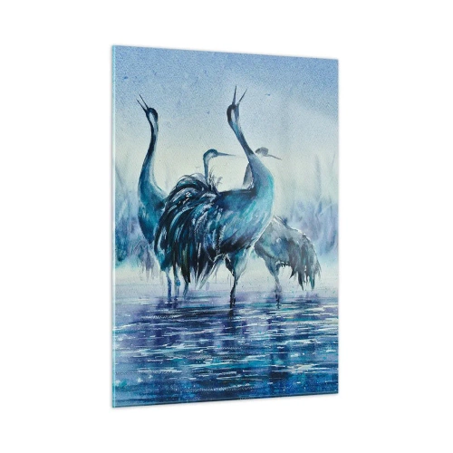 Obraz na szkle - Ptaki brodzące w wodzie w błękitnej tonacji - 50x70cm - Poranne spotkanie - Nowoczesna dekoracja ścienna do salonu, kuchni i sypialni ARTTOR