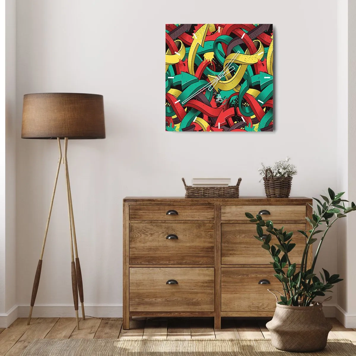 Zegar ścienny - Abstrakcyjne strzałki w żywych kolorach tworzące chaos - 30x30cm - Którędy do celu? - Nowoczesna dekoracja ścienna do salonu i sypialni ARTTOR