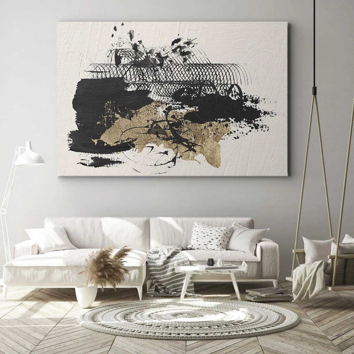 Obraz na płótnie - Abstrakcyjny obraz w czerni i złocie z dynamicznymi liniami i strukturami - 70x50cm - Kompozycja z pasją - Nowoczesna dekoracja ścienna do salonu i sypialni ARTTOR