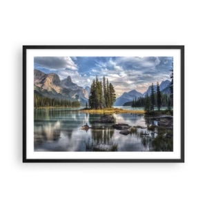 Plakat w czarnej ramie - Krajobraz górski z wyspą otoczoną spokojnym jeziorem - 70x50cm - Nad wodą wielką i czystą… - Nowoczesna dekoracja ścienna do salonu i sypialni ARTTOR