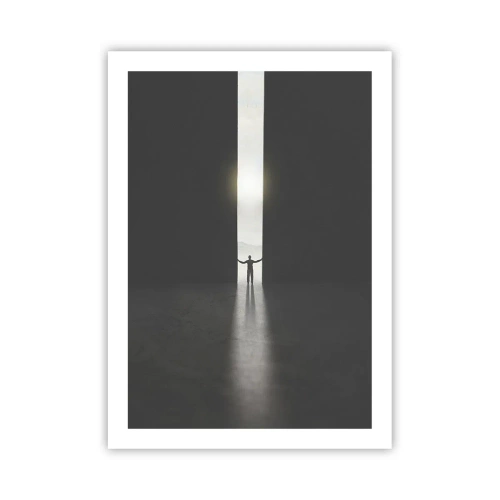 Plakat - Człowiek stojący w świetle szczeliny w ciemnym otoczeniu - 50x70cm - Krok do jasnej przyszłości - Nowoczesna dekoracja ścienna do salonu, kuchni i sypialni ARTTOR