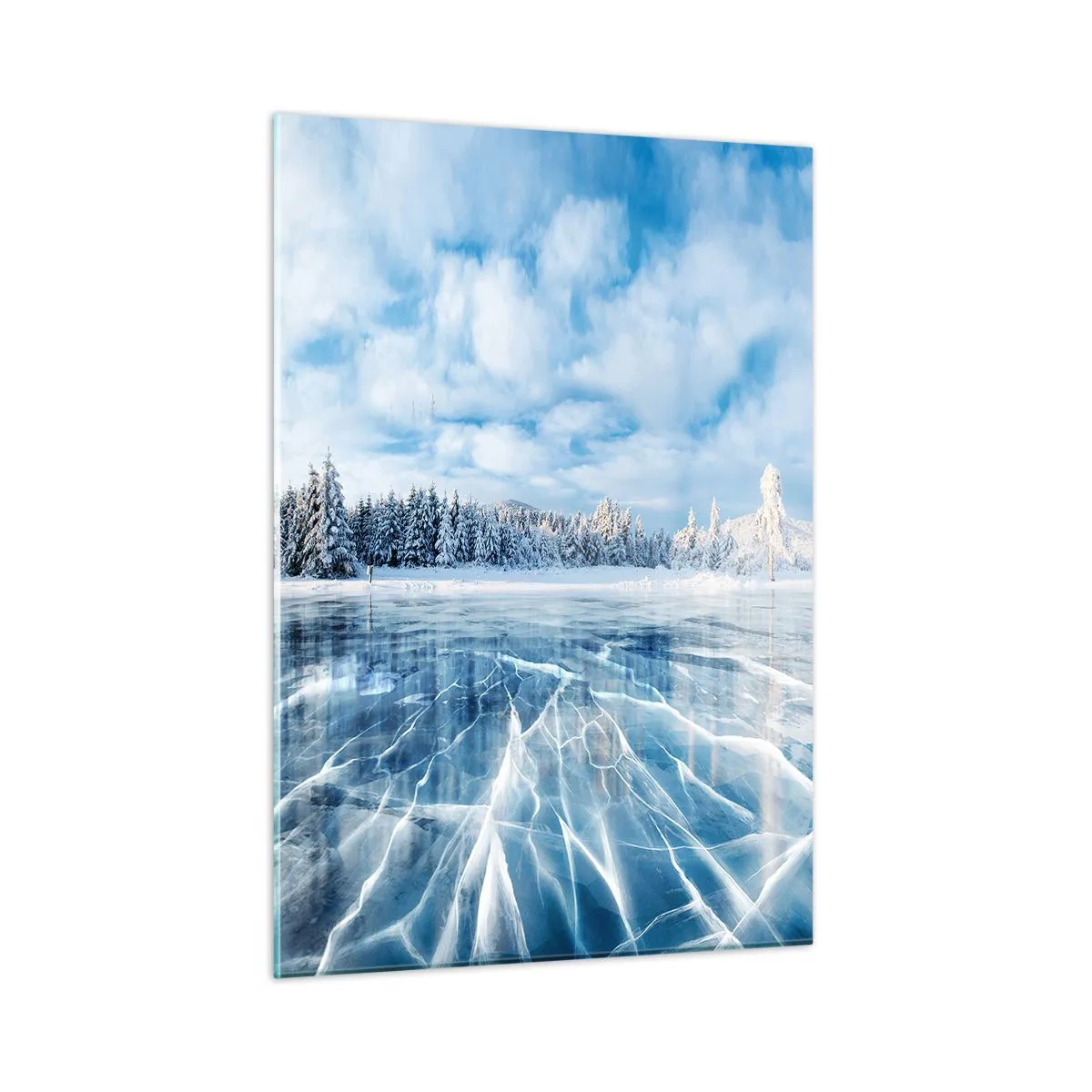 Obraz na szkle - Zamarznięte jezioro otoczone zimowym lasem - 50x70cm - Olśniewający i krystaliczny widok - Nowoczesna dekoracja ścienna do salonu, kuchni i sypialni ARTTOR