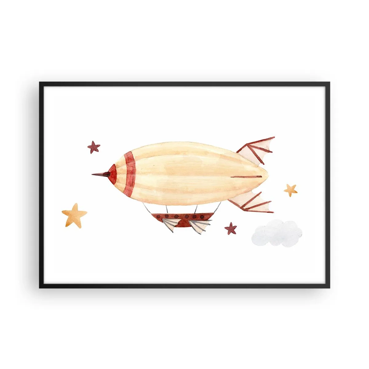 Plakat w czarnej ramie - Ręcznie malowany sterowiec na tle gwiazd - 100x70cm - Powietrzny statek - Nowoczesna dekoracja ścienna do salonu i sypialni ARTTOR