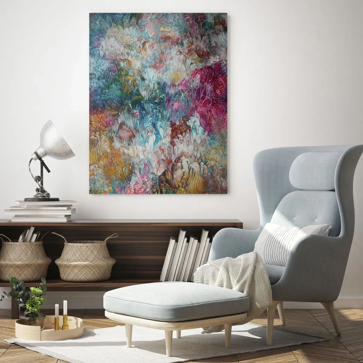 Obraz na szkle - Abstrakcyjna kompozycja kolorowych kwiatów w intensywnych barwach - 50x70cm - W pełnym rozkwicie - Nowoczesna dekoracja ścienna do salonu, kuchni i sypialni ARTTOR