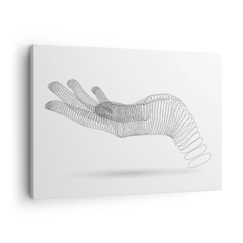 Obraz na płótnie - Minimalistyczna ilustracja dłoni stworzona z czarnych kropek na białym tle - 70x50cm - Sprężysta dłoń - Nowoczesna dekoracja ścienna do salonu i sypialni ARTTOR