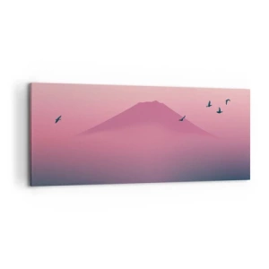 Obraz na płótnie - Minimalistyczny krajobraz z górą i ptakami o wschodzie - 120x50cm - Wędrowcy ponad chmurami - Nowoczesna dekoracja ścienna do salonu i sypialni ARTTOR