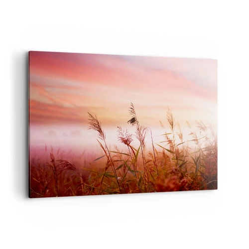 Obraz na płótnie - Pole traw na tle malowniczego zachodu słońca - 100x70cm - Latawce, dmuchawce, wiatr - Nowoczesna dekoracja ścienna do salonu, kuchni i sypialni ARTTOR