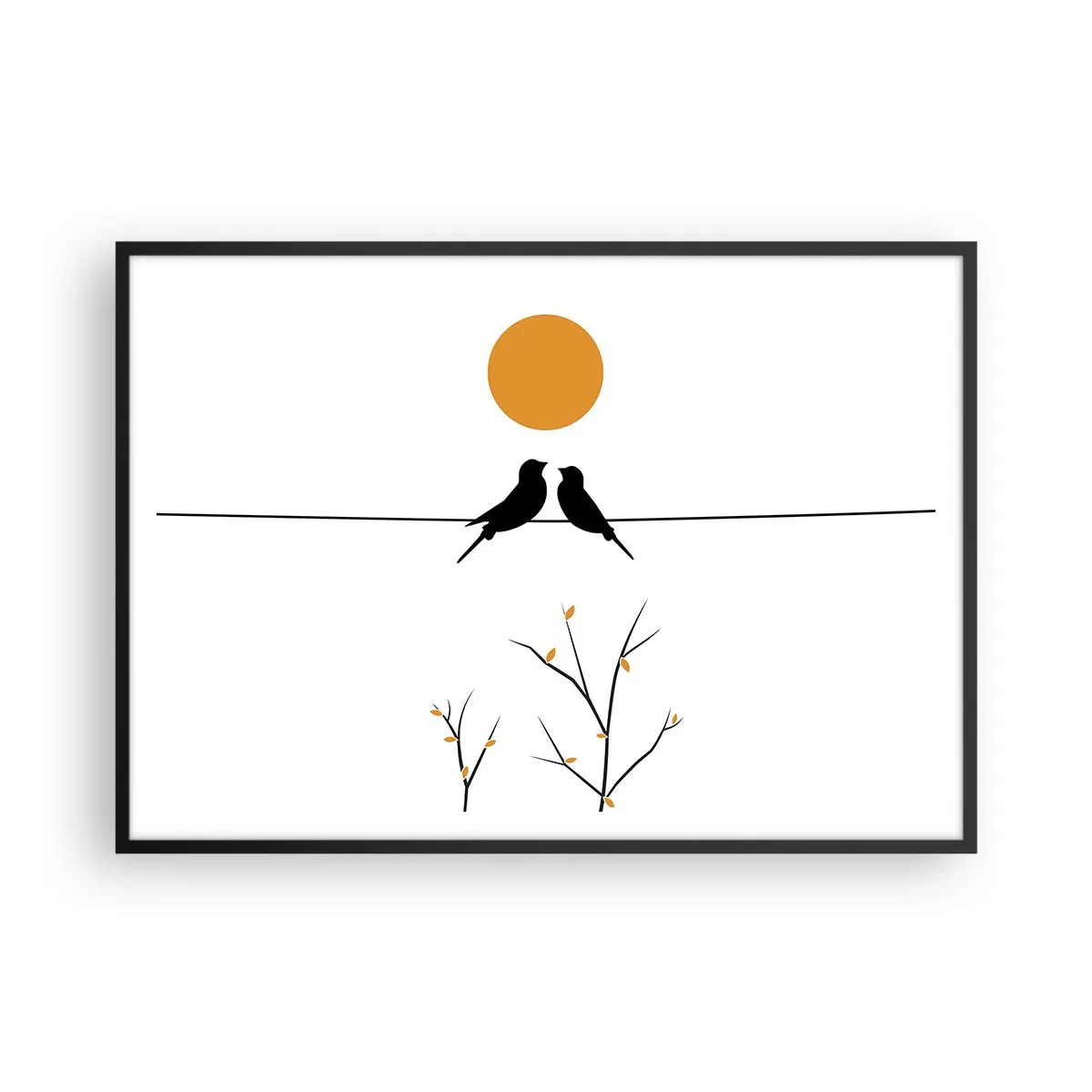 Plakat w czarnej ramie - Ptaki na linii z żółtym słońcem - 100x70cm - Słowiczy wieczór - Nowoczesna dekoracja ścienna do salonu i sypialni ARTTOR