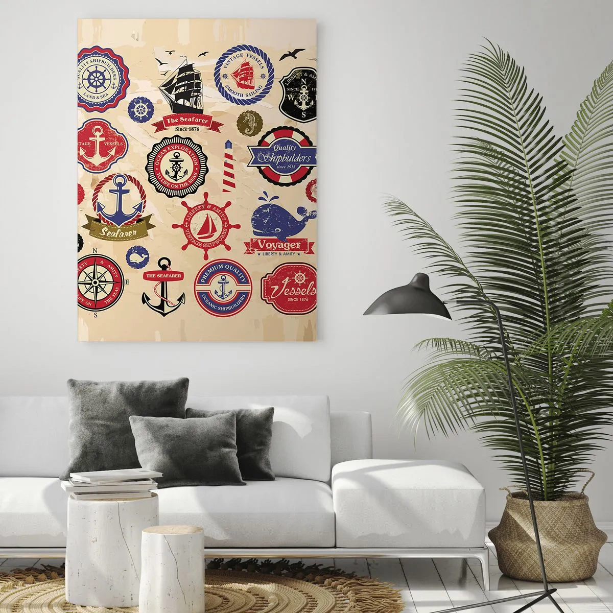 Obraz na szkle - Kolekcja marynistycznych grafik i symboli na jasnym tle - 70x100cm - Żeglarskie braterstwo - Nowoczesna dekoracja ścienna do salonu i sypialni ARTTOR