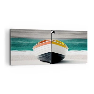 Obraz na płótnie - Łódź na plaży z turkusowym morzem w tle - 120x50cm - Na swoim miejscu - Nowoczesna dekoracja ścienna do salonu i sypialni ARTTOR