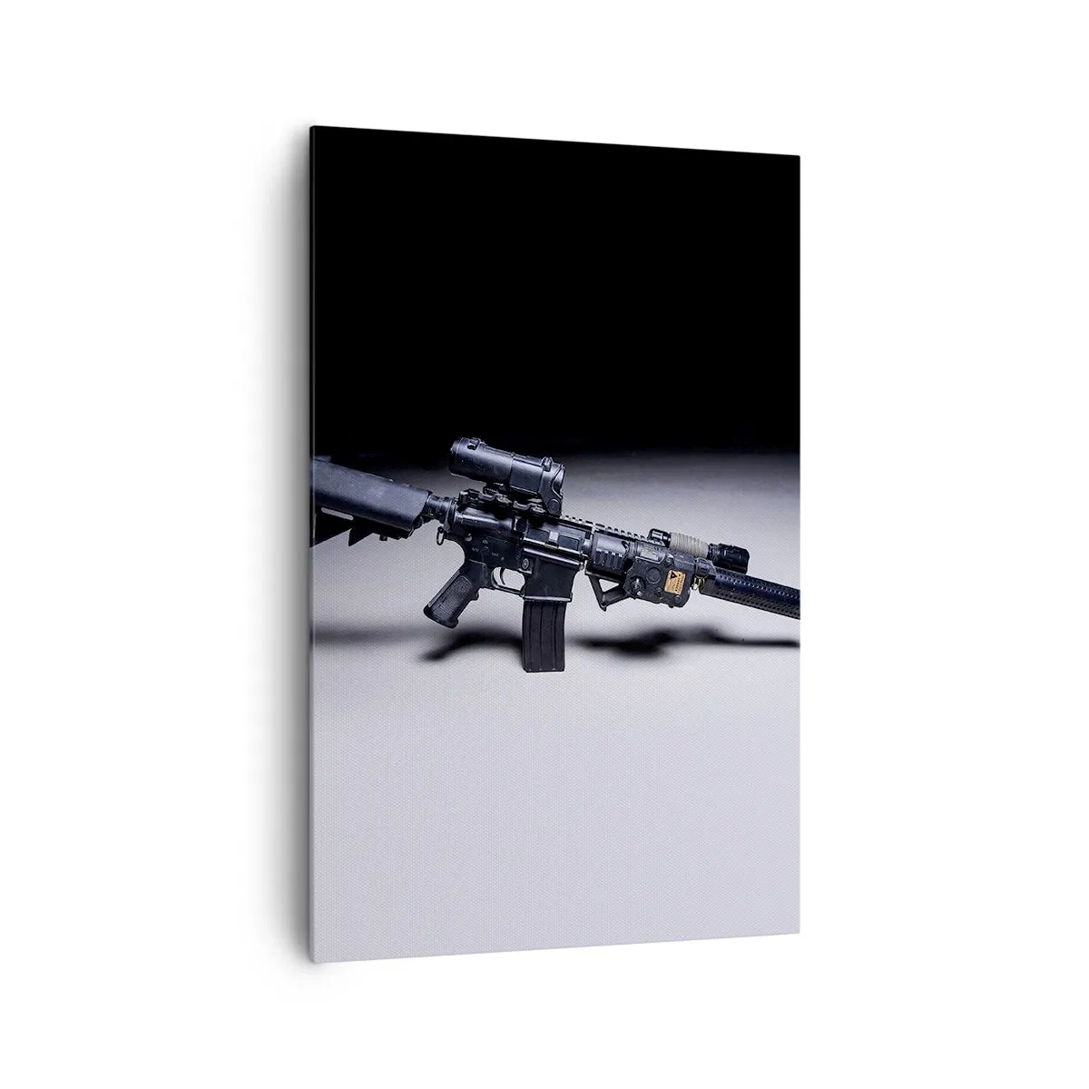 Obraz na płótnie - Nowoczesny karabin w czarnym kolorze na ciemnym tle - 80x120cm - Mroczny rycerz - Nowoczesna dekoracja ścienna do salonu i sypialni ARTTOR