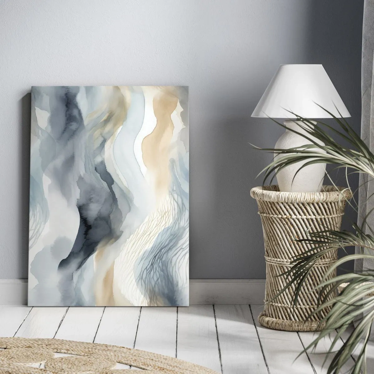 Obraz na płótnie - Abstrakcyjna kompozycja w odcieniach beżu i błękitu - 50x70cm - Abstrakcja śnieżna i mglista - Nowoczesna dekoracja ścienna do salonu, kuchni i sypialni ARTTOR
