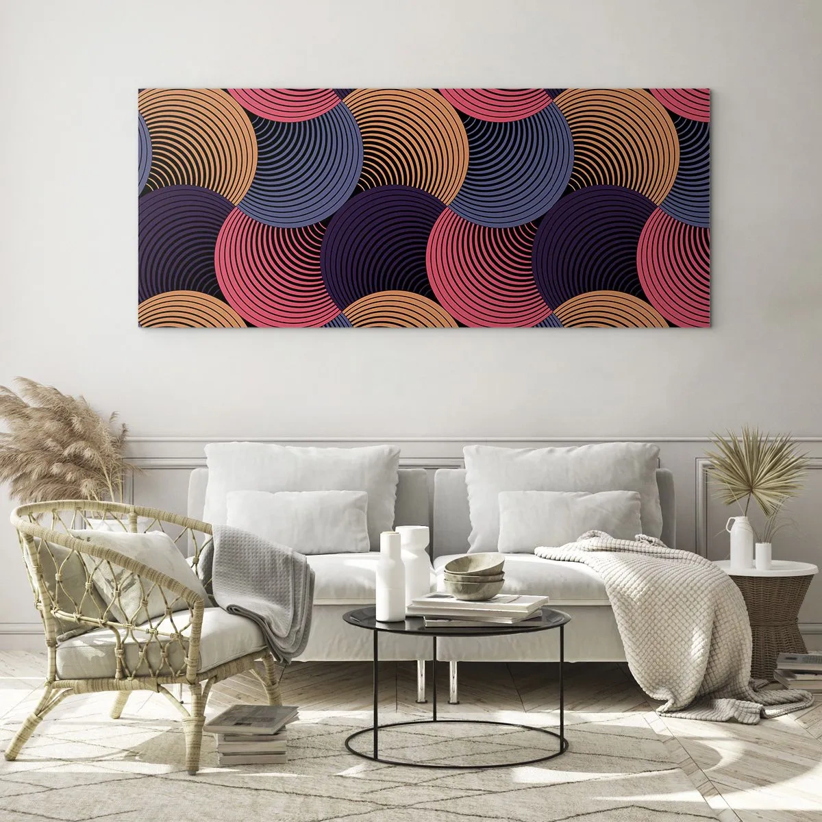 Obraz na szkle - Geometryczne kręgi w odcieniach różu, fioletu i złota - 160x50cm - W kolistym rytmie - Nowoczesna dekoracja ścienna do salonu i sypialni ARTTOR