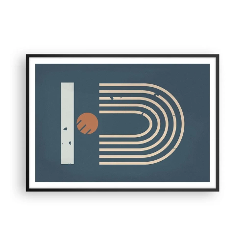 Plakat w czarnej ramie - Geometryczny wzór w odcieniach granatu, beżu i pomarańczu na ciemnym tle - 100x70cm - Geometria na granacie - Nowoczesna dekoracja ścienna do salonu i sypialni ARTTOR