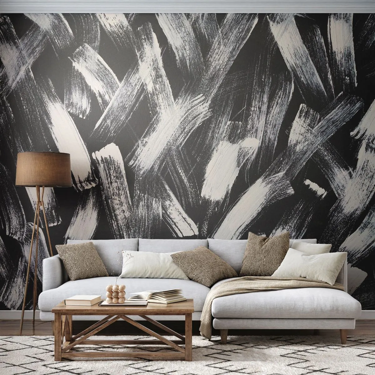 Fototapeta Premium Sand - Dynamiczne czarno-białe pociągnięcia pędzla na ciemnym tle - 100x70cm - Abstrakcja w duchu industrialnym - Nowoczesna dekoracja ścienna do salonu, kuchni i sypialni ARTTOR