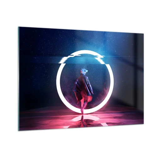 Obraz na szkle - Postać w futurystycznej scenerii z neonowym pierścieniem - 100x70cm - Między światami - Nowoczesna dekoracja ścienna do salonu, kuchni i sypialni ARTTOR