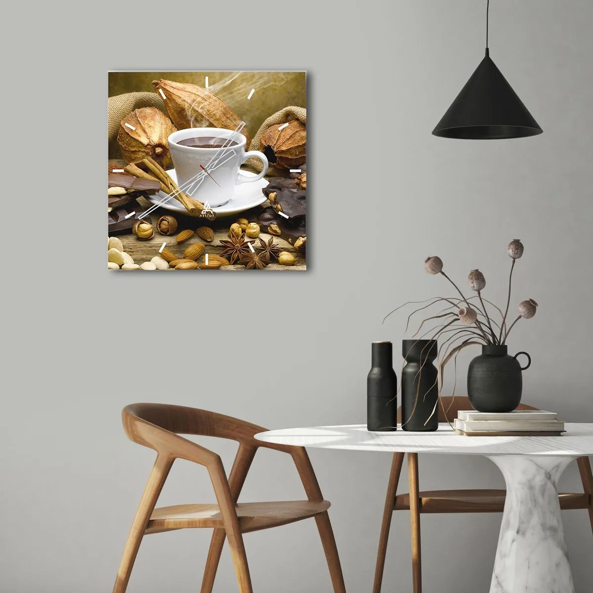 Zegar ścienny - Filiżanka gorącej czekolady otoczona kakao i cynamonem - 30x30cm - Dla poszukiwaczy wrażeń - Nowoczesna dekoracja ścienna do salonu i sypialni ARTTOR