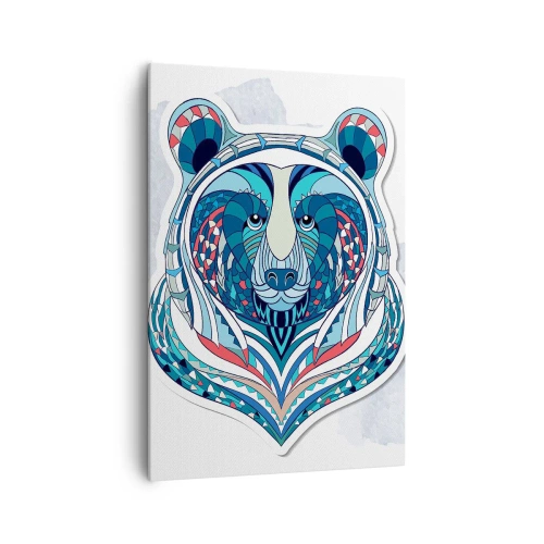 Obraz na płótnie - Geometryczny niedźwiedź w odcieniach niebieskiego i czerwonego - 70x100cm - Eviva Grenlandia! - Nowoczesna dekoracja ścienna do salonu i sypialni ARTTOR