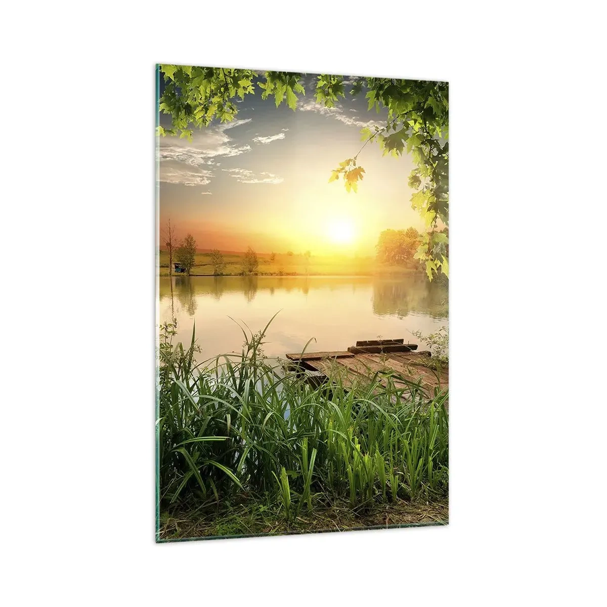 Obraz na szkle - Zielony krajobraz z jeziorem o zachodzie słońca - 80x120cm - Pejzaż w zielonej ramie - Nowoczesna dekoracja ścienna do salonu i sypialni ARTTOR