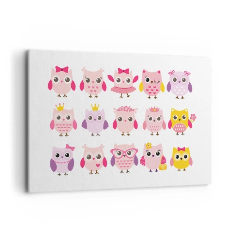 Obraz na płótnie - Urocze sowy w pastelowych kolorach - 120x80cm - Jedna słodsza od drugiej - Nowoczesna dekoracja ścienna do salonu, kuchni i sypialni ARTTOR